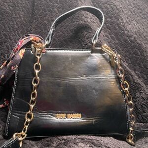 Steve Madden Black Patent Mini Shoulder Bag w/ Gold Chain & Scarf Y2K